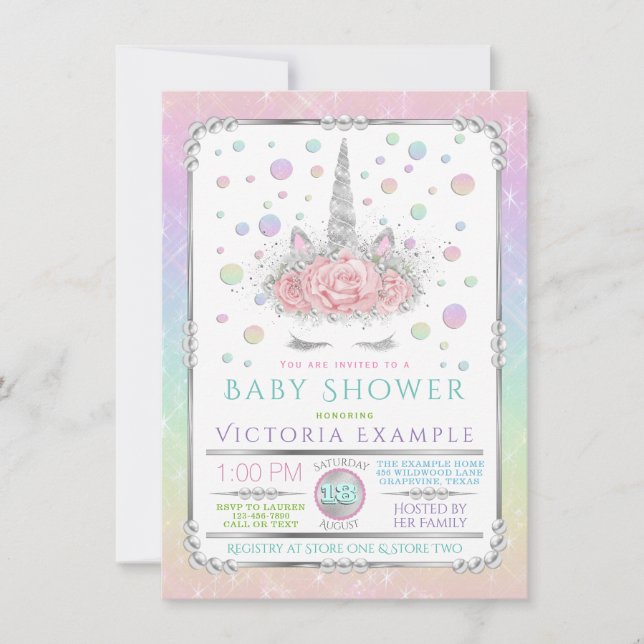 Unicorn Face Rainbow Pearl Baby Shower Invitations (Devant)