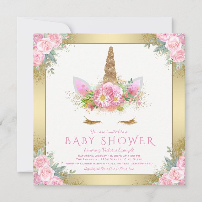 Unicorn Face rose or bébé douche Invitations (Devant)