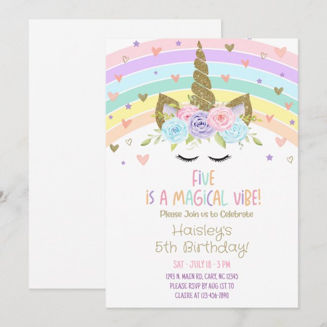 Unicorn FIVE est une invitation d'anniversaire Vib (Devant / Derrière)