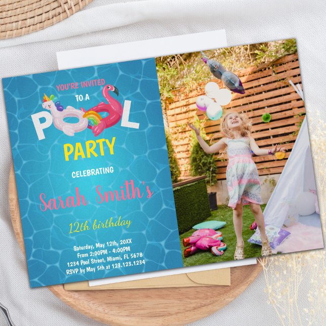 Unicorn Flamant rose Pool Anniversaire Invitations (Unicorn Flamingo Pool Birthday Invitations photo)