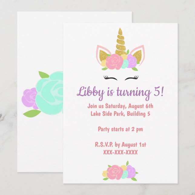 Unicorn Floral Birthday Party Invitation  (Devant / Derrière)