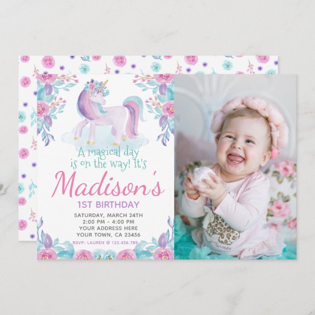 Unicorn Floral Invitation d'anniversaire (Devant / Derrière)