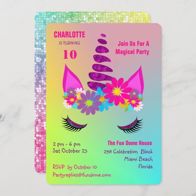 Unicorn Flowery Super mignonne Fille Invitation d' (Devant / Derrière)