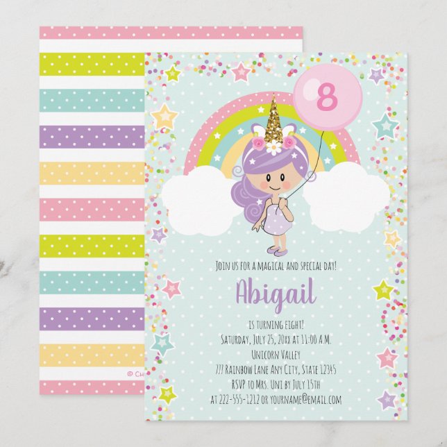 Unicorn Girl Birthday Invitations N'importe quel â (Devant / Derrière)