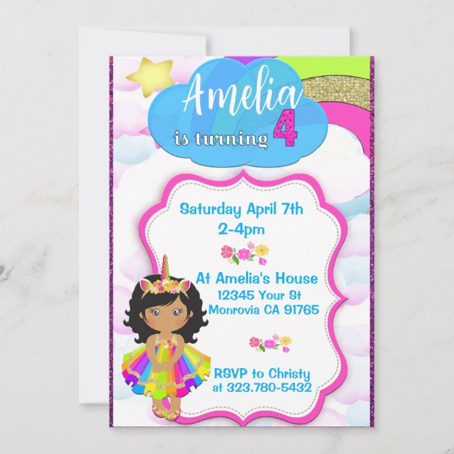 Unicorn girls 4e anniversaire de fête invitation (Devant)