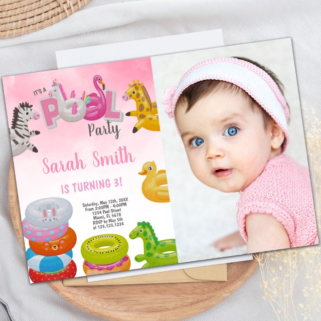 Unicorn Girls Pool Birthday Invitations with photo (Unicorn Girls Pool Birthday Invitations with photo)