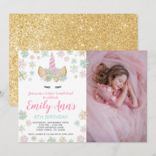 Unicorn hiver Anniversaire Invitation avec photo