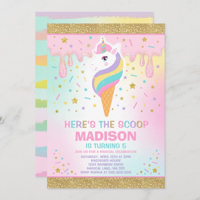 Unicorn Ice Cream Invitation Magic Ice Cream Party (Devant / Derrière)