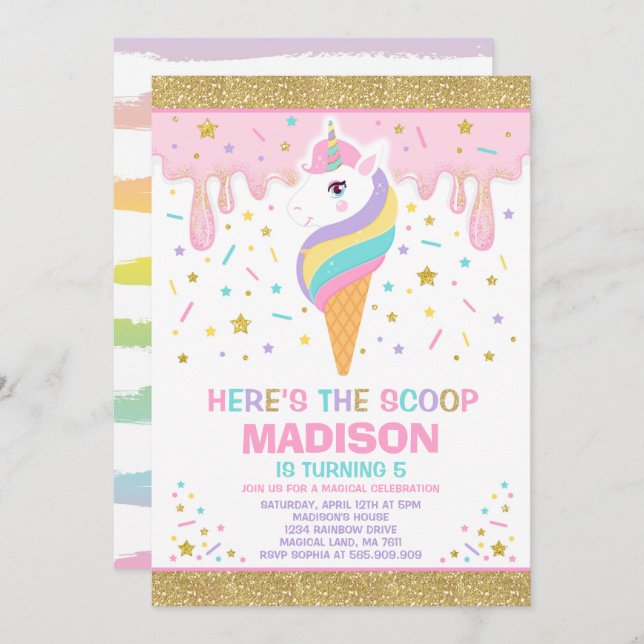 Unicorn Ice Cream Invitation Magic Ice Cream Party (Devant / Derrière)