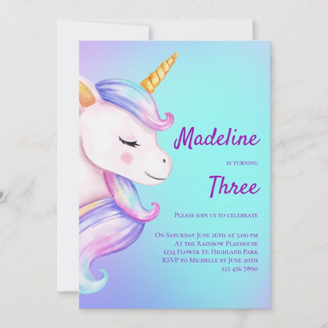 Unicorn Invitation Anniversaire Filles Pastel Arc- (Devant)