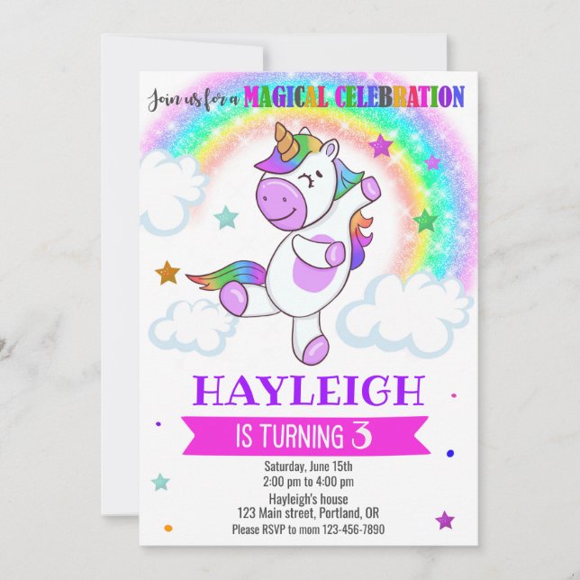 Unicorn invitation anniversaire Magique arc-en-cie (Devant)
