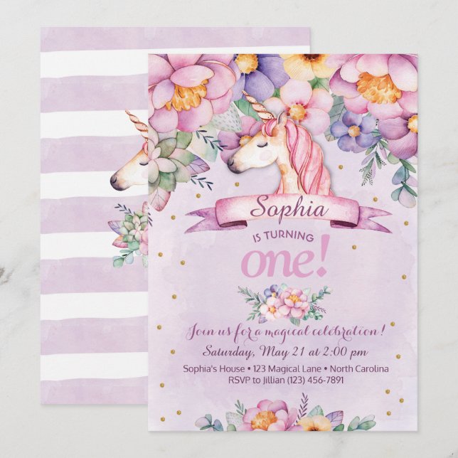 Unicorn Invitation Anniversaire Magique Floral Inv (Devant / Derrière)
