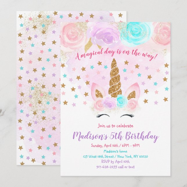 Unicorn Invitation Anniversaire Pink Gold Magie (Devant / Derrière)