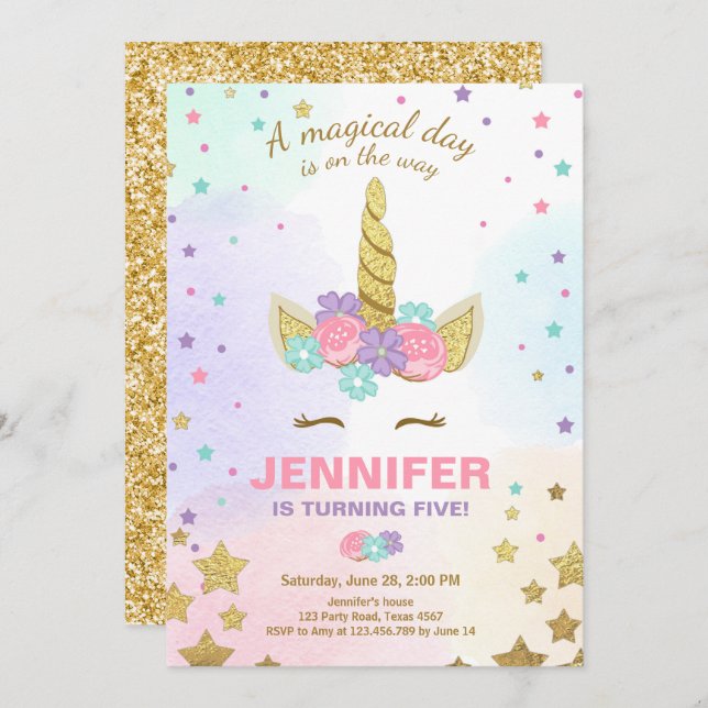 Unicorn Invitation Anniversaire Pink Gold Magie (Devant / Derrière)