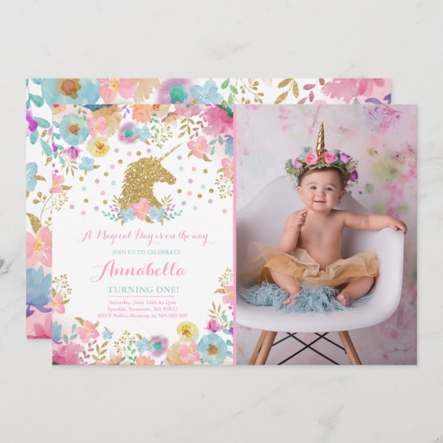 Unicorn Invitation Anniversaire Pink Gold Unicorn (Devant / Derrière)