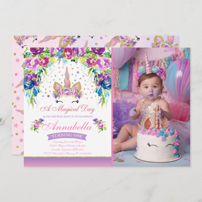 Unicorn Invitation Anniversaire Pink Gold Unicorn (Devant / Derrière)