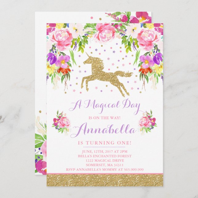 Unicorn Invitation Anniversaire Pink Gold Unicorn (Devant / Derrière)