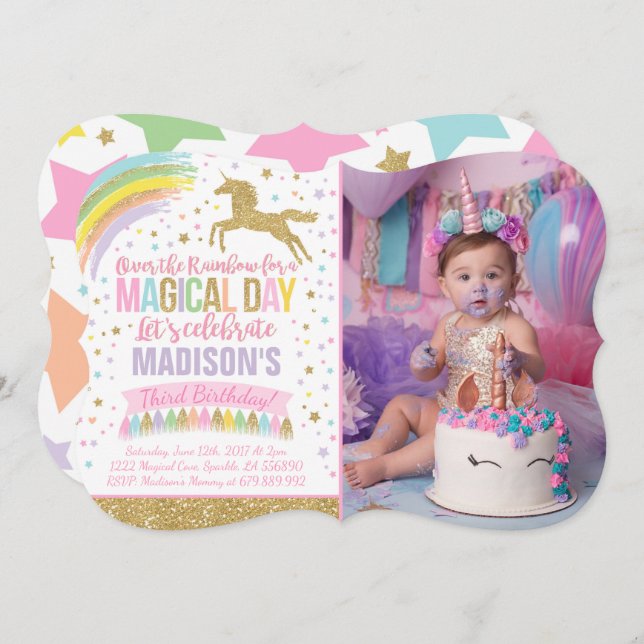 Unicorn Invitation Anniversaire Pink Gold Unicorn (Devant / Derrière)