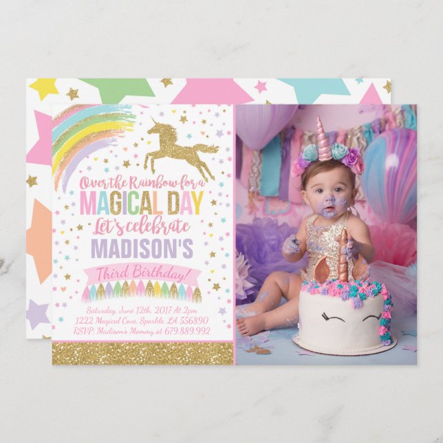 Unicorn Invitation Anniversaire Pink Gold Unicorn (Devant / Derrière)