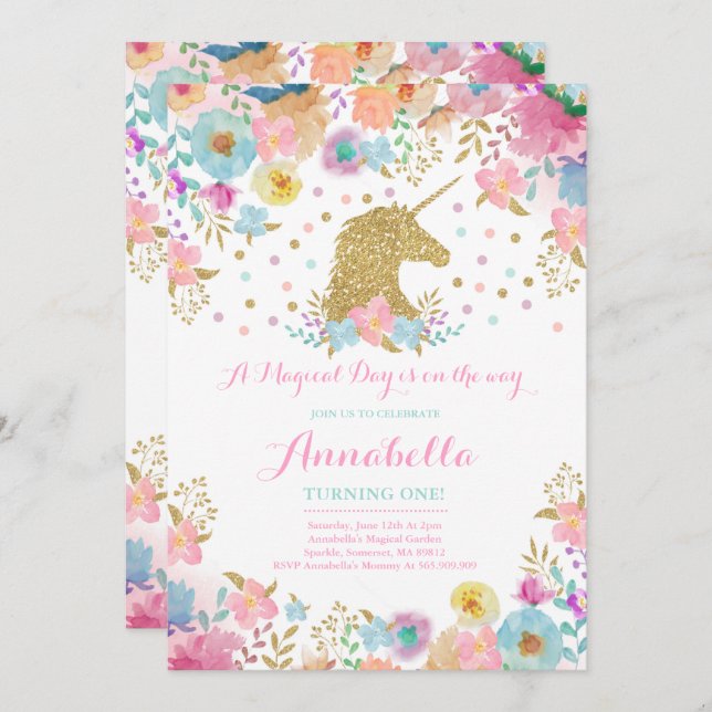 Unicorn Invitation Anniversaire Pink Gold Unicorn (Devant / Derrière)