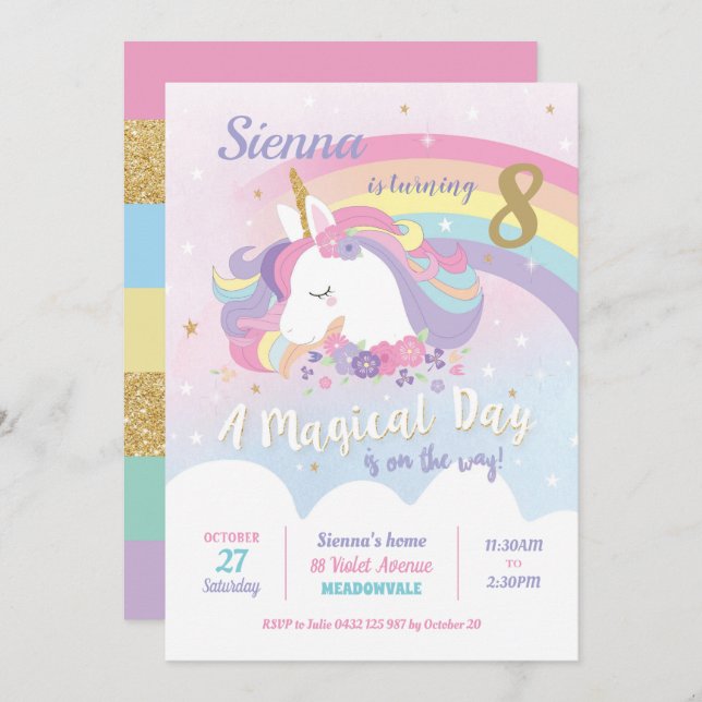 Unicorn Invitations Anniversaire Rainbow Girl (Devant / Derrière)