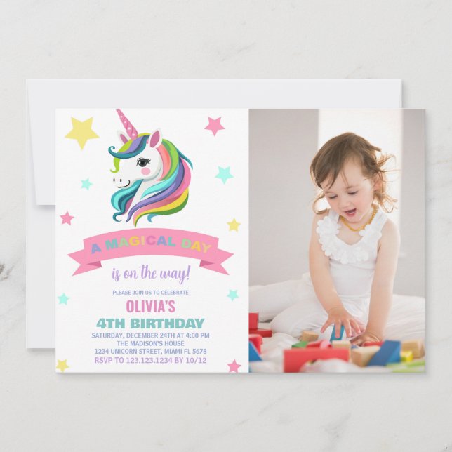 Unicorn Invitations d'anniversaire avec photo (Devant)