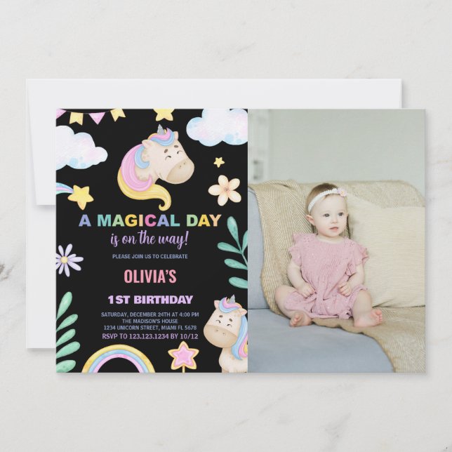 Unicorn Invitations d'anniversaire avec photo (Devant)