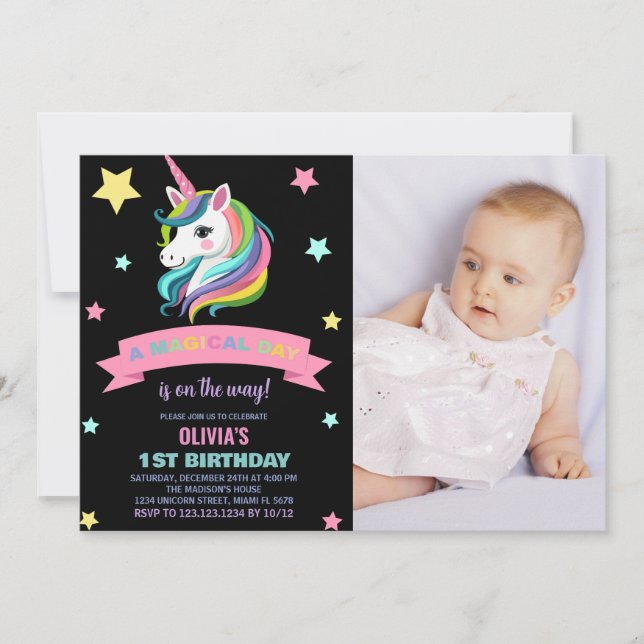 Unicorn Invitations d'anniversaire avec photo (Devant)
