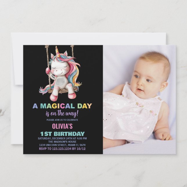 Unicorn Invitations d'anniversaire avec photo (Devant)