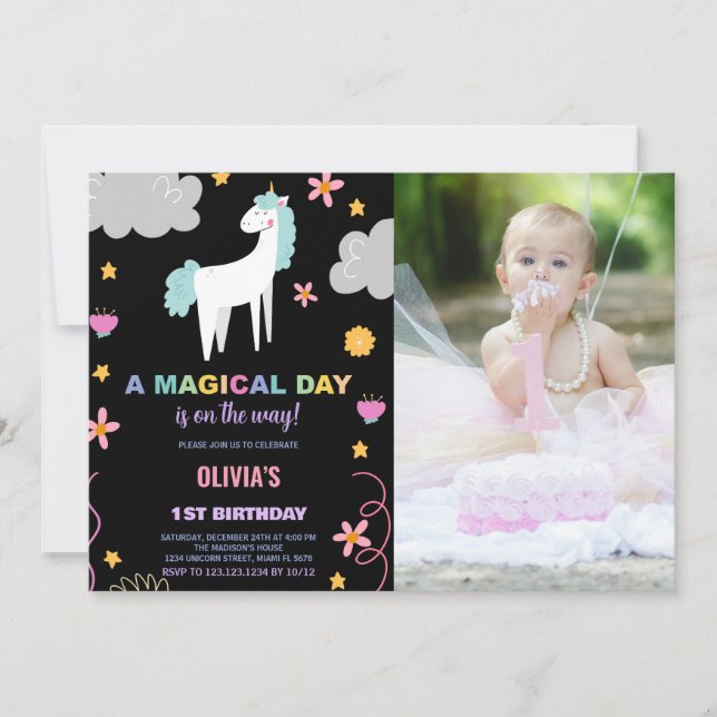 Unicorn Invitations d'anniversaire avec photo (Devant)