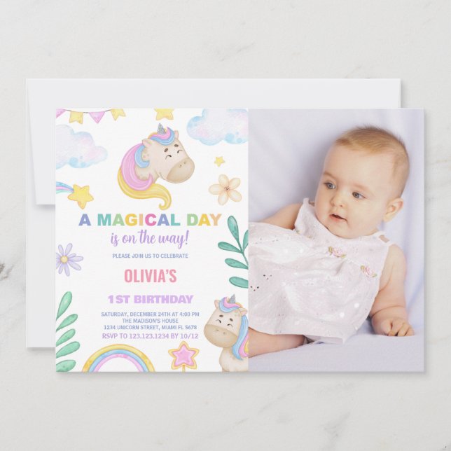 Unicorn Invitations d'anniversaire avec photo (Devant)