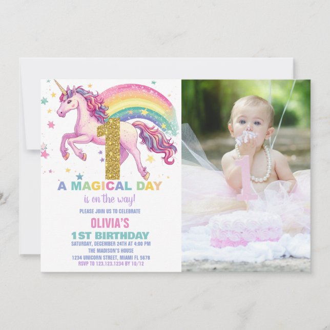 Unicorn Invitations d'anniversaire avec photo (Devant)