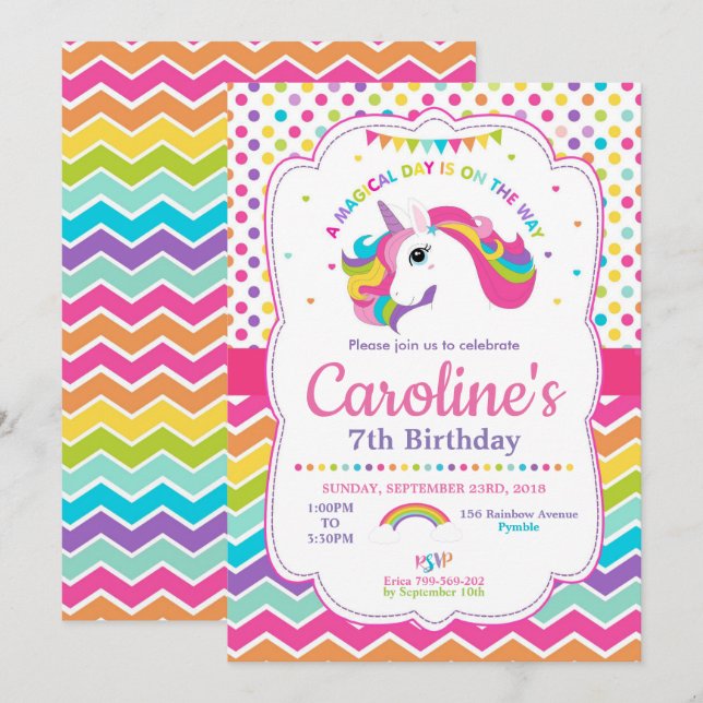Unicorn Invitations fête d'anniversaire Rainbow (Devant / Derrière)