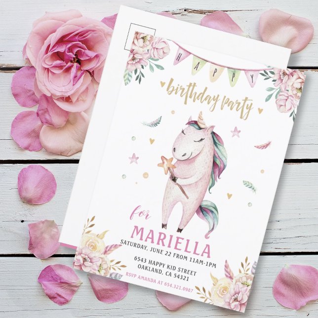 Unicorn Magic rose floral Invitation de fête d'ann (CUTE GIRLY PINK UNICORN GIRLS BIRTHDAY PARTY INVITATION POSTCARD
)