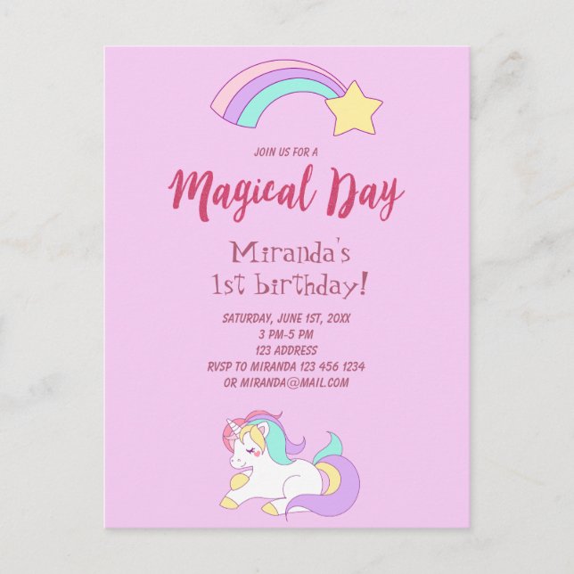 Unicorn magie girly 1er anniversaire invitation fê (Devant)