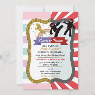 Unicorn & Ninja Joint Boy Girl Invitations d'anniv
