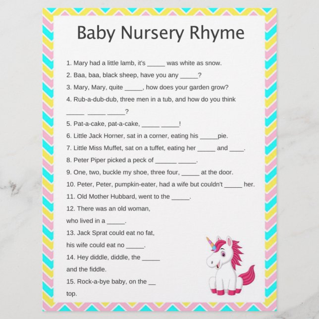 Unicorn Nursery Rhyme Baby shower Jeu (Devant)