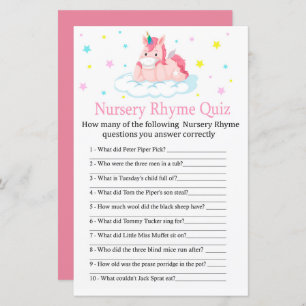 Unicorn Nursery Rhyme Quiz jeu de baby shower