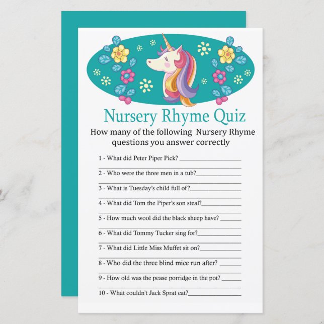 Unicorn Nursery Rhyme Quiz jeu de baby shower (Devant / Derrière)