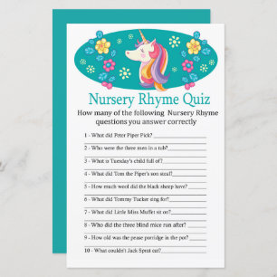 Unicorn Nursery Rhyme Quiz jeu de baby shower