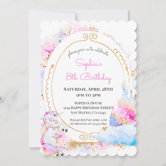 Unicorn Pastel Princess Invitation de fête d'anniv (Devant)