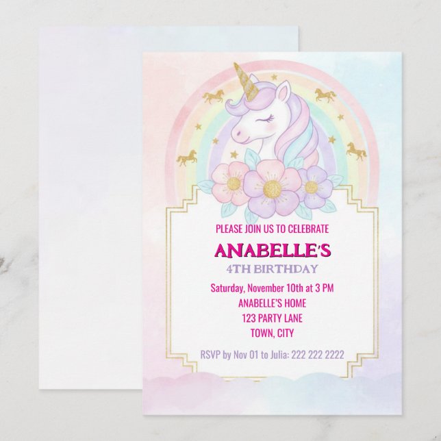 Unicorn Personalized Magical Birthday Invitation   (Devant / Derrière)