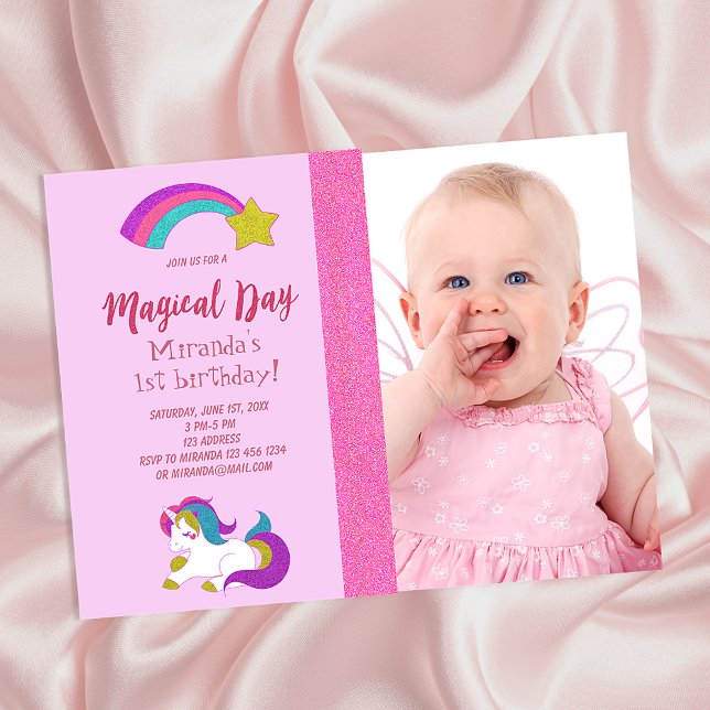 Unicorn photo 1st birthday girl party invitation (Créateur téléchargé)