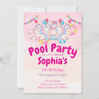 Unicorn Pool Party 6e anniversaire Invitation | Ro