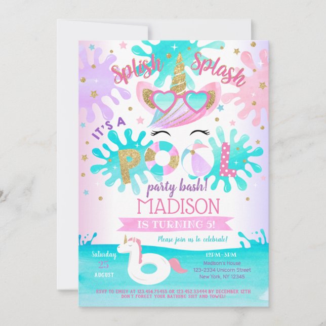 Unicorn Pool Party Anniversaire fêtes Invitations (Devant)