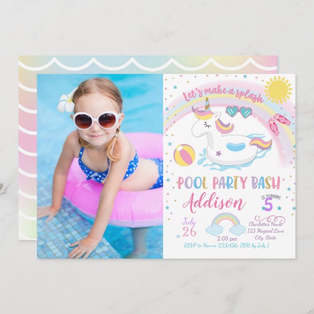 Unicorn Pool Party Anniversaire Invitation (Devant / Derrière)