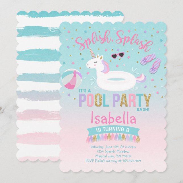 Unicorn Pool Party Anniversaire Invitation Pink Go (Devant / Derrière)