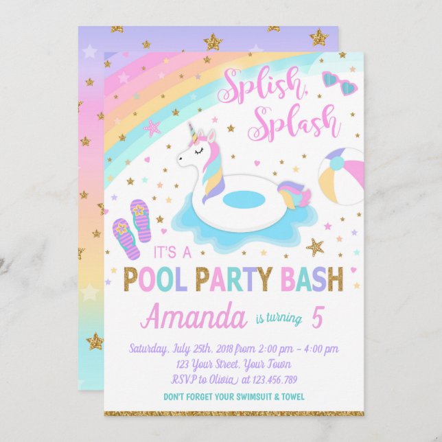 Unicorn Pool Party Anniversaire Invitation Rose &  (Devant / Derrière)