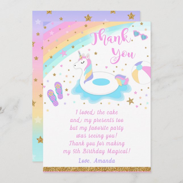 Unicorn Pool Party Carte de remerciements (Devant / Derrière)