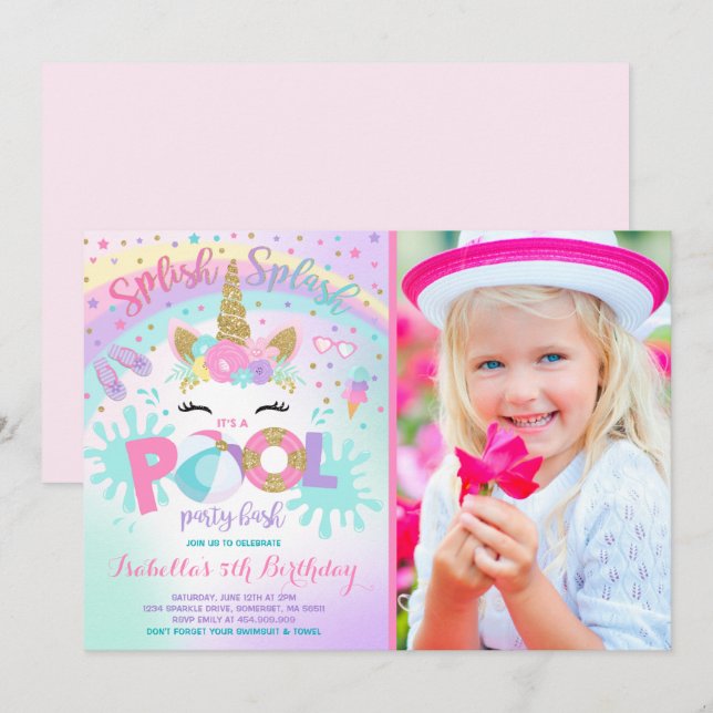 Unicorn Pool Party Invitation Pool Birthday Party (Devant / Derrière)